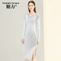 糖力2016新款冬装欧美女装灰色圆领长袖连衣裙百搭毛衣显瘦针织衫