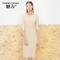 糖力2016新款冬装欧美女装高领长袖连衣裙百搭修身显瘦毛衣针织衫