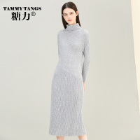 糖力2016新款冬装欧美女装灰色高领长袖连衣裙中长款毛衣针织衫