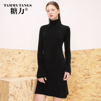 糖力2016新款冬装欧美女装高领长袖黑色连衣裙显瘦毛衣修身针织衫