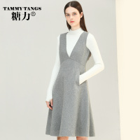 糖力2016新款冬装欧美女装灰色拼接长袖连衣裙中长款宽松百搭裙子