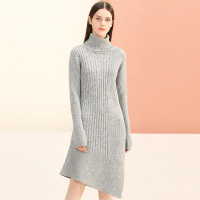 糖力2016冬装新款欧美 女装高领长袖套头长款毛衣灰色修身针织衫