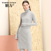 糖力2016新款冬装欧美 女装翻领长袖打底针织衫修身灰色长款毛衣