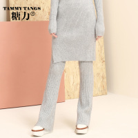 糖力2016新款冬装欧美 女装灰色针织长裤休闲显瘦修身中腰裤子