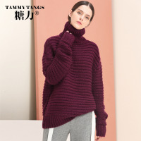 糖力2016冬装新款欧美 女装红色高领长袖毛衣百搭宽松长款针织衫