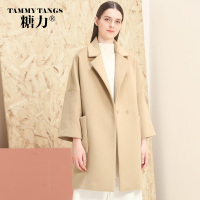 糖力2016新款冬装欧美 女装翻领长袖羊毛大衣中长款宽松毛呢外套