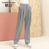 糖力2016新款冬装欧美 女装灰色中腰休闲裤宽松长裤百搭通勤裤子