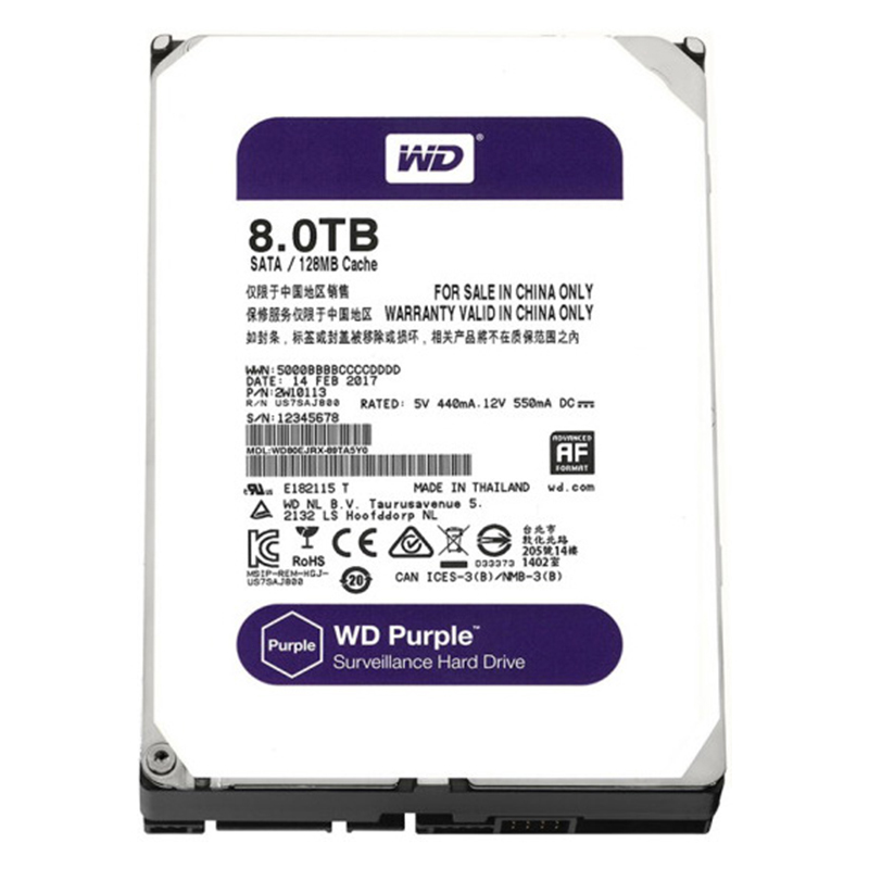 西部数据(WD)紫盘 8TB SATA6Gb/s 128M 监控硬盘(WD80EJRX)