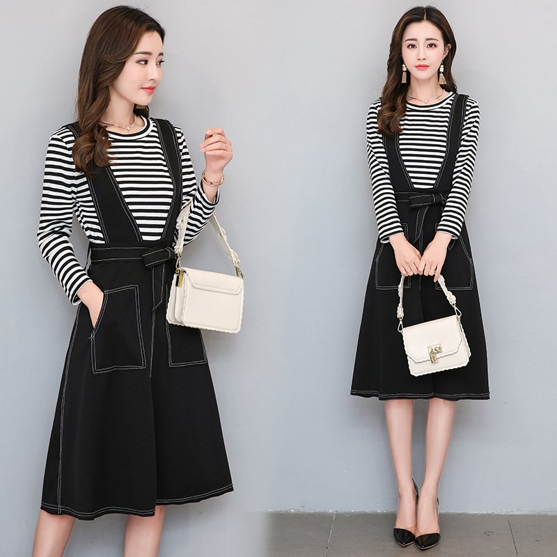 韩妃图（HANFEITU）2017秋季新款韩版条纹圆领长袖T+气质淑女显瘦背带连衣裙套装