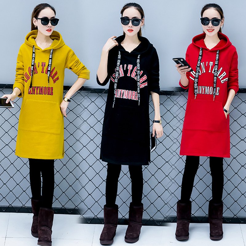 韩妃图（HANFEITU）2017秋冬季新款女士加绒加厚连帽卫衣字母印花中长款连衣裙