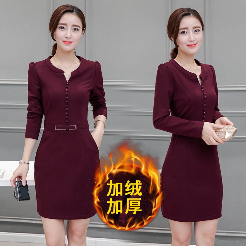 韩妃图（HANFEITU）2017加绒秋冬装新款韩版修身加厚长袖连衣裙