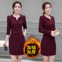 韩妃图（HANFEITU）2017加绒秋冬装新款韩版修身加厚长袖连衣裙