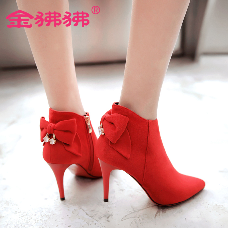 金狒狒秋冬新款短靴尖头细跟短筒靴潮流大小码女鞋