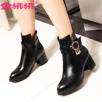 金狒狒短靴秋冬新款欧美女靴侧拉链防水台短筒靴中跟皮带扣金属装饰粗跟女靴