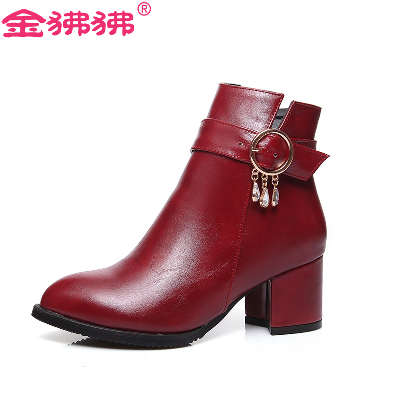 金狒狒短靴秋冬新款欧美女靴侧拉链防水台短筒靴中跟皮带扣金属装饰粗跟女靴