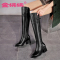 金狒狒时尚真皮尖头长筒靴侧拉链时尚骑士靴新潮女靴