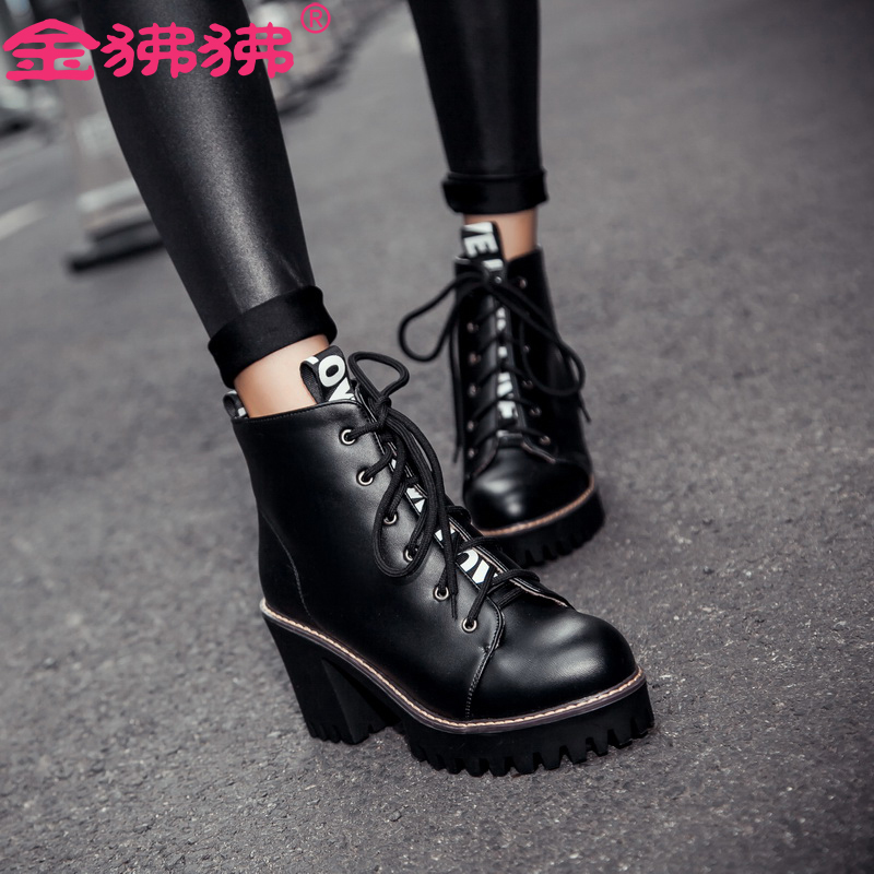 金狒狒新款欧美风系带高跟圆头马丁靴女粗跟厚底秋冬女靴子短靴