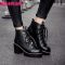金狒狒新款欧美风系带高跟圆头马丁靴女粗跟厚底秋冬女靴子短靴