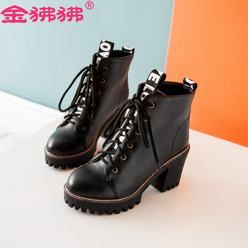 金狒狒新款欧美风系带高跟圆头马丁靴女粗跟厚底秋冬女靴子短靴