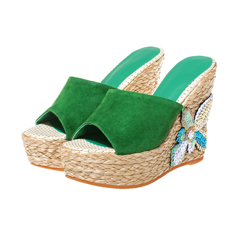 亮片花朵厚底坡跟拖鞋2016夏季新款真皮鱼嘴女凉拖鞋松糕沙滩凉鞋