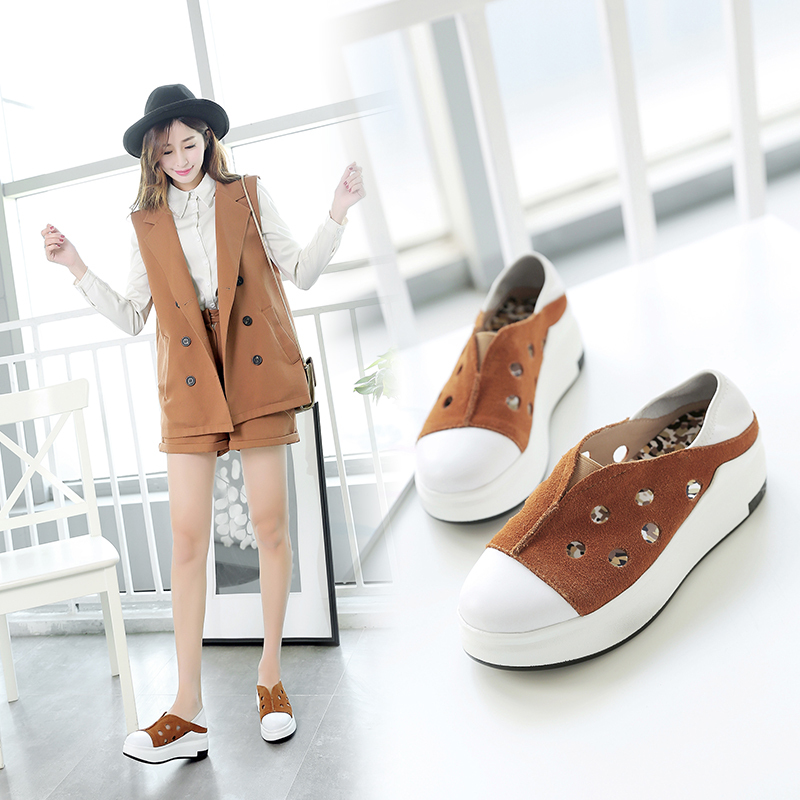 2017年春夏欧美网红同款新款里外真皮中跟女鞋休闲鞋