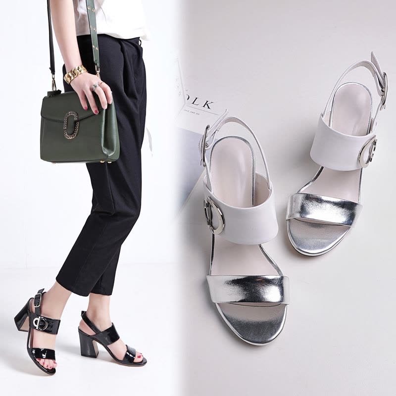 金狒狒新款欧美粗跟高跟里外全真皮漆皮凉鞋女鞋图片