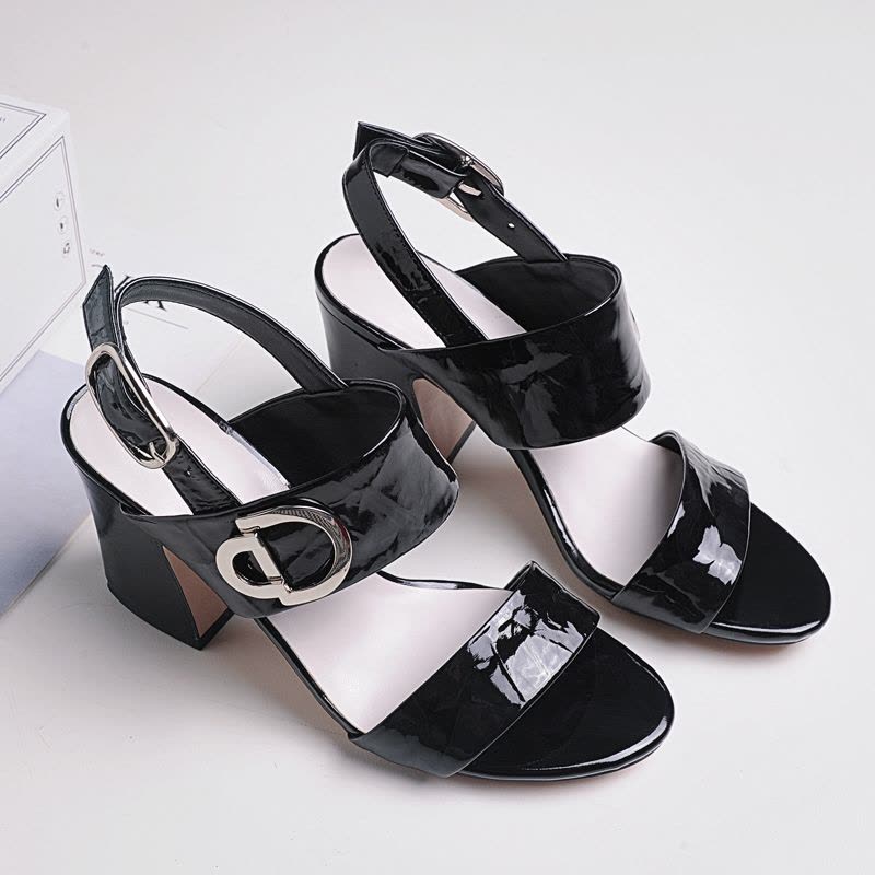 金狒狒新款欧美粗跟高跟里外全真皮漆皮凉鞋女鞋图片