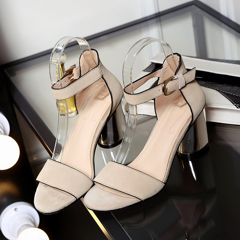 金狒狒2017春夏新款网红同款 欧美风 粗跟里外全皮凉鞋女鞋