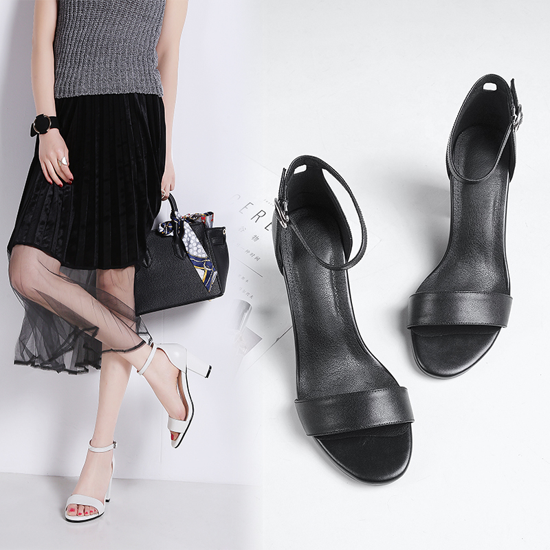 金狒狒新款露趾粗跟牛皮凉鞋真皮中高跟女鞋夏季女式包跟鞋