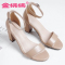金狒狒新款露趾粗跟牛皮凉鞋真皮中高跟女鞋夏季女式包跟鞋