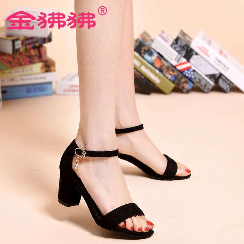 金狒狒新款露趾粗跟牛皮凉鞋真皮中高跟女鞋夏季女式包跟鞋图片