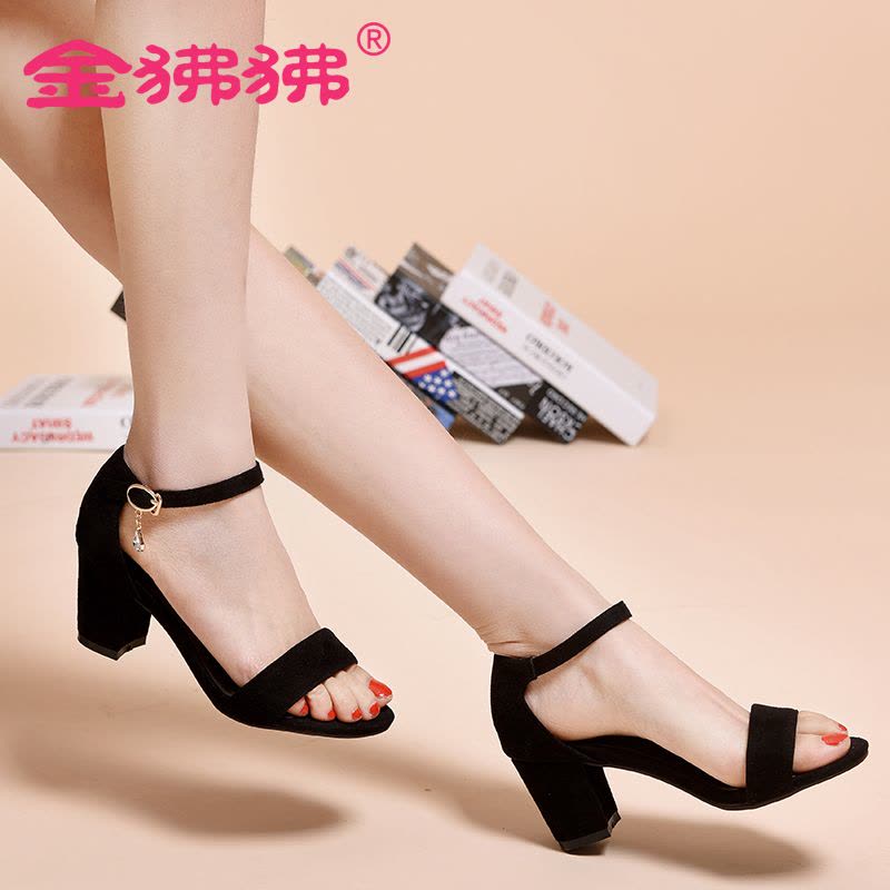 金狒狒新款露趾粗跟牛皮凉鞋真皮中高跟女鞋夏季女式包跟鞋图片