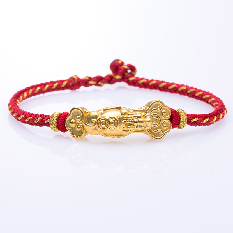芭法娜黄金霸王貔貅编绳手链黄金转运珠男女情侣款红与黑绳