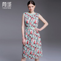 颜域品牌女装2016夏装新款欧美简约梭织压皱撞色印花无袖连衣裙