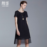 颜域品牌女装2016秋季新款简约两件套针织短袖弹力拼接网纱连衣裙 20S6...