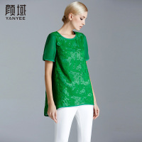 颜域品牌女装2016秋装新款宽松大码显瘦中长款拼接雪纺衫短袖上衣 70S5216