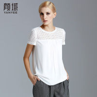 颜域品牌女装2016秋装新款镂空蕾丝拼接上衣纯色雪纺衫短袖大码女 70S5228