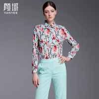 颜域品牌女装2016秋装新款欧美时尚知性梭织压皱印花长袖衬衫上衣 70S6119