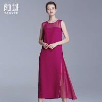 颜域品牌女装夏季新款欧美时尚亮丝边拼接连衣裙无袖侧缝开叉长裙 20S6341