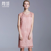 颜域品牌女装2016夏装新款复古时尚100%桑蚕丝绣花连衣裙无袖中裙 20S6244