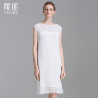 颜域品牌女装2016夏新款欧美优雅纯色水溶镂空蕾丝拼接真丝连衣裙 20S6512