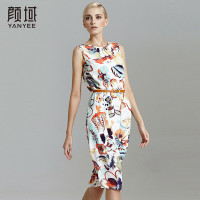 颜域2016夏新款欧美重磅真丝连衣裙桑蚕丝无袖背心印花裙夏长裙 20S5285