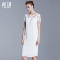 颜域品牌女装夏季新款欧美时尚水溶镂空蕾丝拼接短袖丝滑连衣裙 20S6342