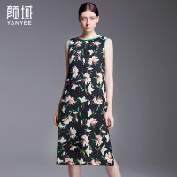 颜域品牌女装夏新款复古时尚100%桑蚕丝无袖连衣裙真丝印花中长裙 20S6097