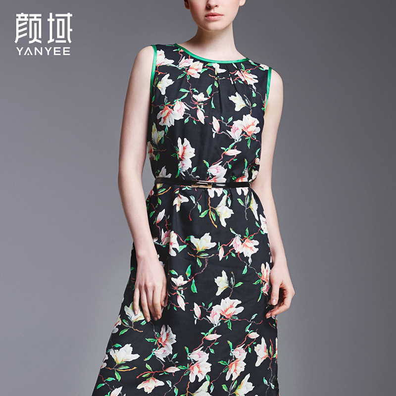 颜域品牌女装夏新款复古时尚100桑蚕丝无袖连衣裙真丝印花中长裙20s