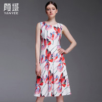 颜域2016夏装新款复古水墨荷花仿麻连衣裙中长款无袖修身A字摆裙 20S6166