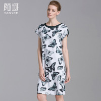 颜域品牌女装2016夏装新款文艺蝴蝶印花连袖直筒中长款弹力连衣裙20S6494
