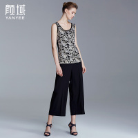 颜域品牌女装夏季新款欧美百搭金丝印花弹力针织无袖工字吊带背心 40S6413