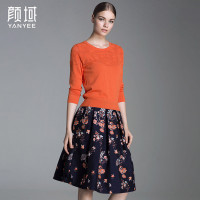 颜域品牌女装2016秋款简约镂空提花针织短款上衣长袖弹力毛针织衫60A6620