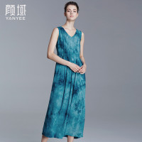 颜域品牌女装2016夏新款复古艺术扎染V领无袖中长款收腰A字连衣裙20S6429